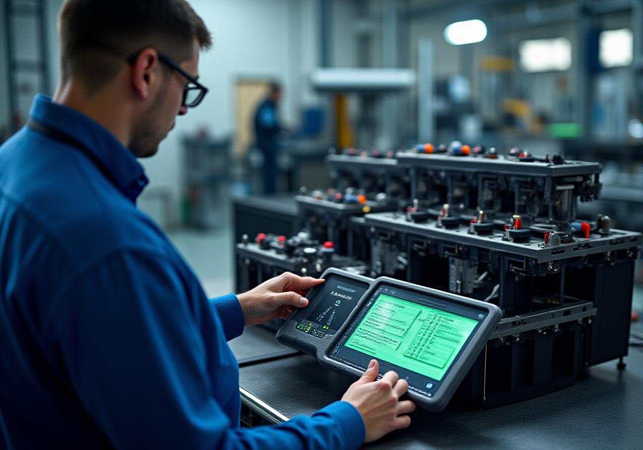 Tecnico specializzato che utilizza uno strumento di diagnostica professionale su un pacco batterie EV