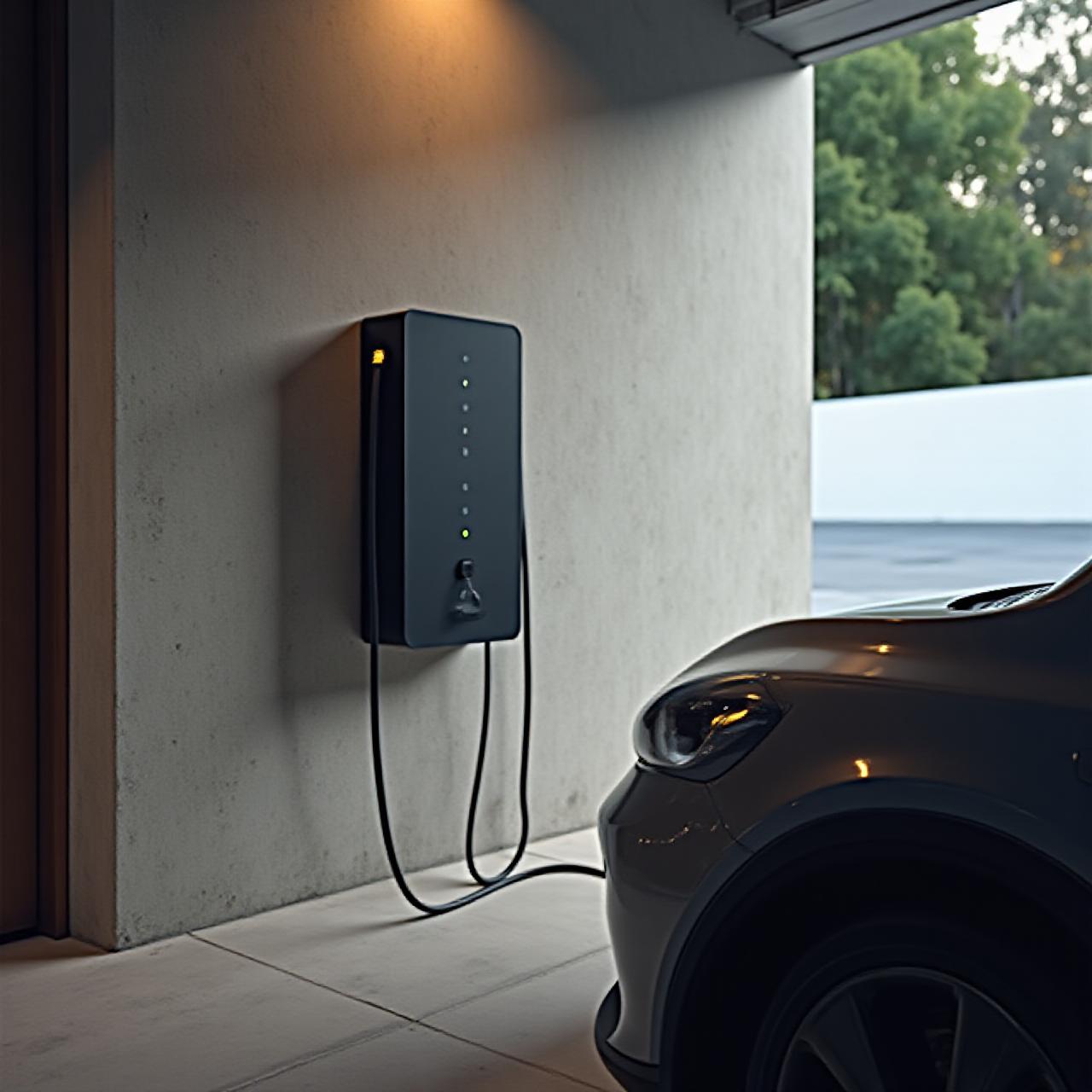 Stazione di ricarica domestica moderna installata in un garage di design